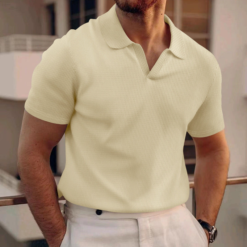 Herr Sommart-Shirt Med Kort äRm, Slim Fit Och våffelstickad Krage
