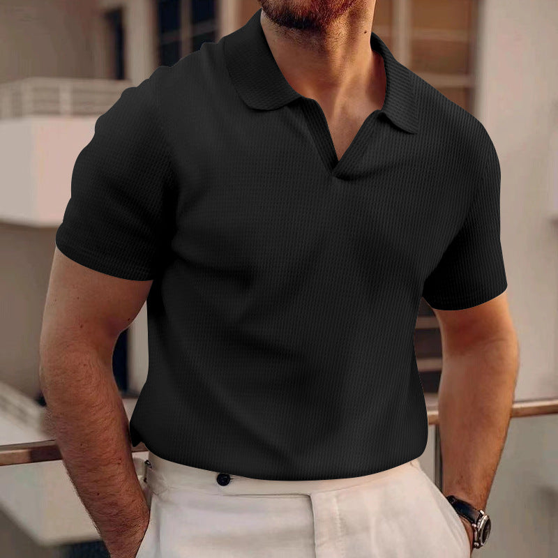 Herr Sommart-Shirt Med Kort äRm, Slim Fit Och våffelstickad Krage