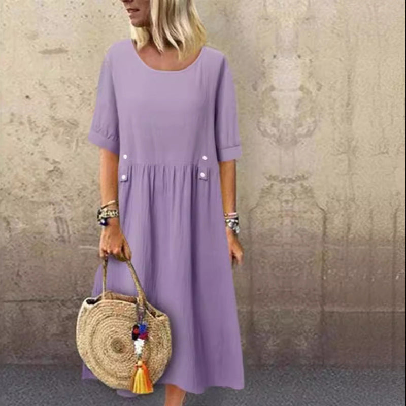 Dam Midilång Klänning med Rund Halsringning Halvärm Knäppning A-linjeformad Vid Midja