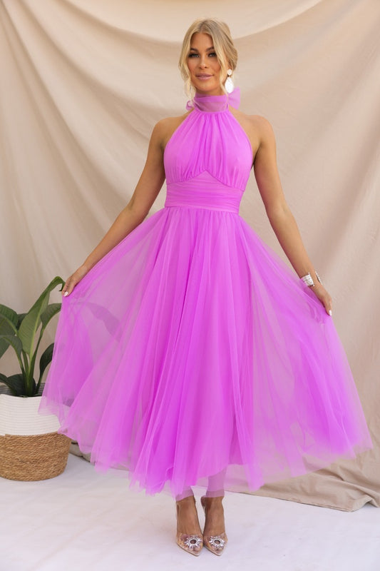 Dam Lång Klänning Halterneck Ärmlös Med Ståkrage Och A-linje