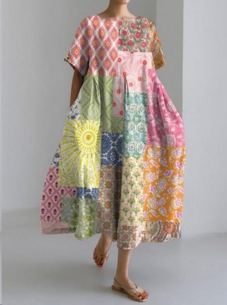 Dam Lång Klänning med Blommönster Korta Ärmar Hög Midja A-Linje Pullover