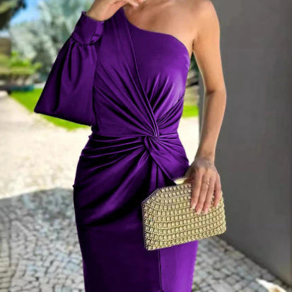 Dam Lång Klänning Ärmlös Diagonal Axel Knut med Sidoslits