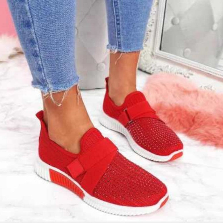 Sneakers För Dam Med Rund Tå, Stickad Överdel Och Gummisula