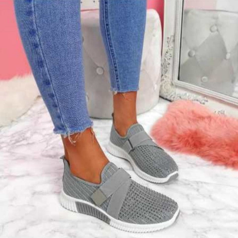 Sneakers För Dam Med Rund Tå, Stickad Överdel Och Gummisula