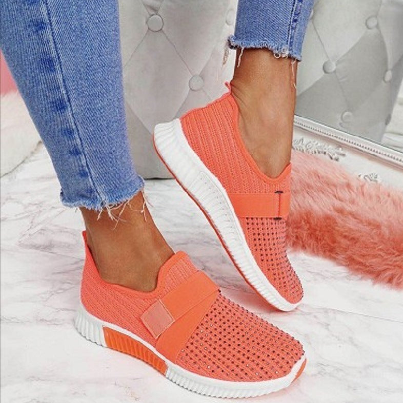Sneakers För Dam Med Rund Tå, Stickad Överdel Och Gummisula