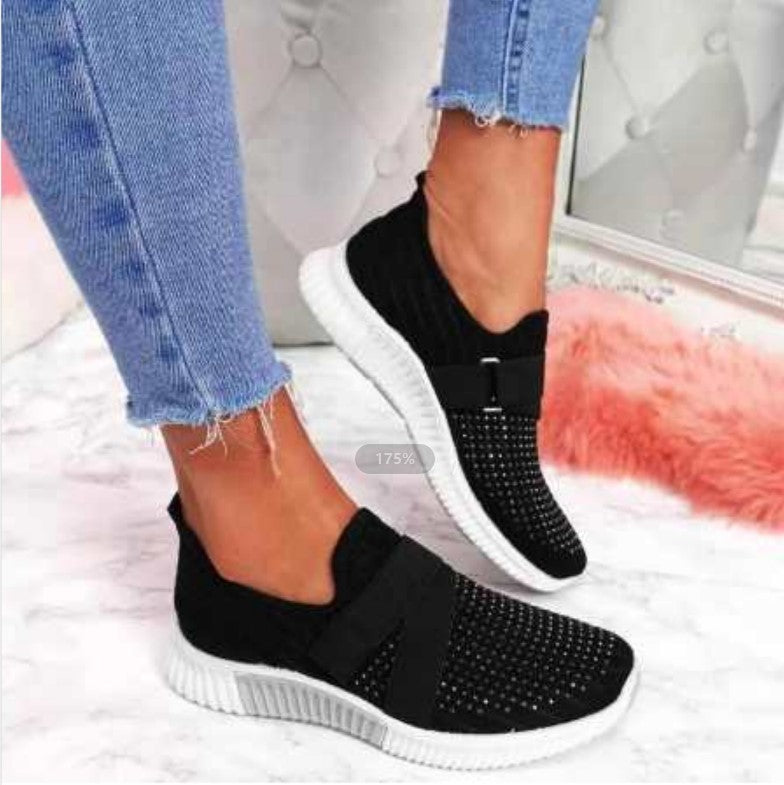 Sneakers För Dam Med Rund Tå, Stickad Överdel Och Gummisula