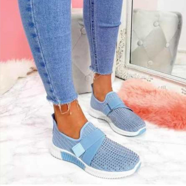 Sneakers För Dam Med Rund Tå, Stickad Överdel Och Gummisula