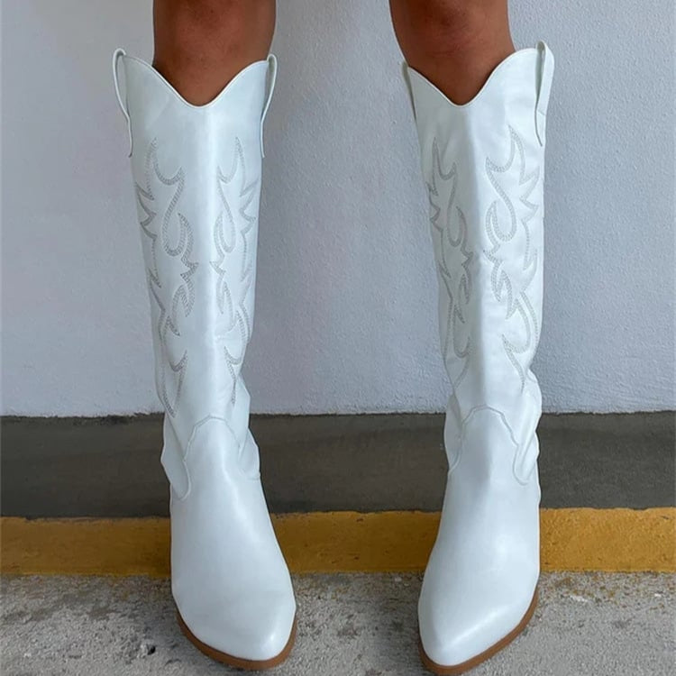 Broderade knähöga stövlar för kvinnor med grov klack och dragkedja i sidan