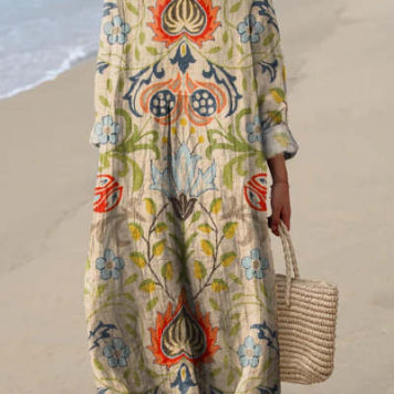 Lång Klänning För Kvinnor Med 3D Blommönster Och Halvlånga Ärmar