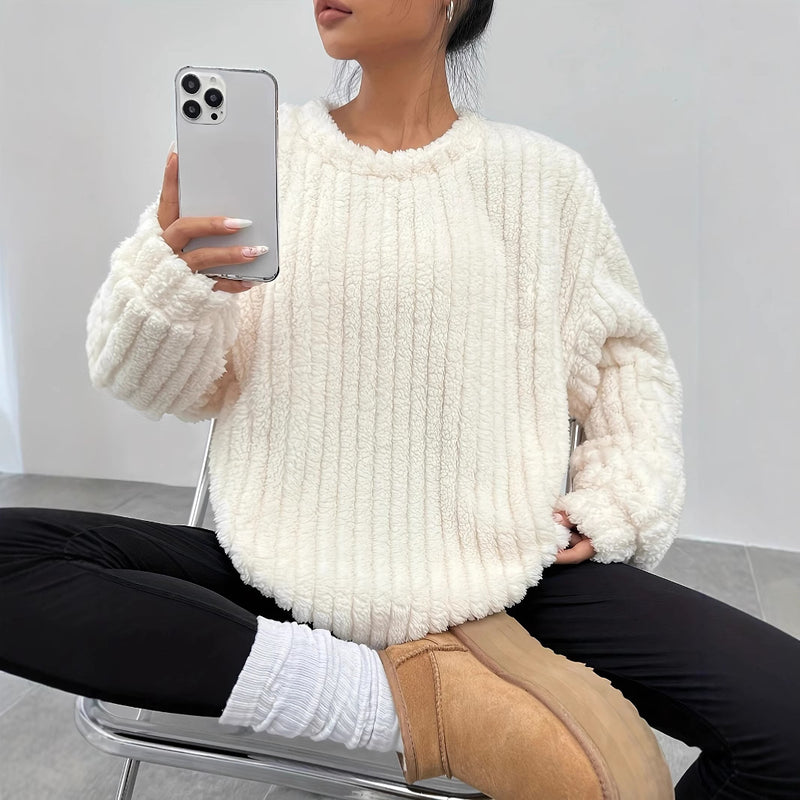 Damtröja För Hösten Flanell Pull-Over Med Långa äRmar Och Pälskant Vit