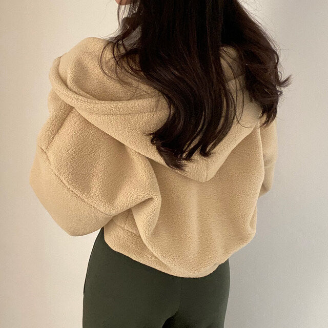 Damtröja För Hösten Pull-Over Med Huva Lös Passform Lammullsliknande Struktur Långa ÄRmar