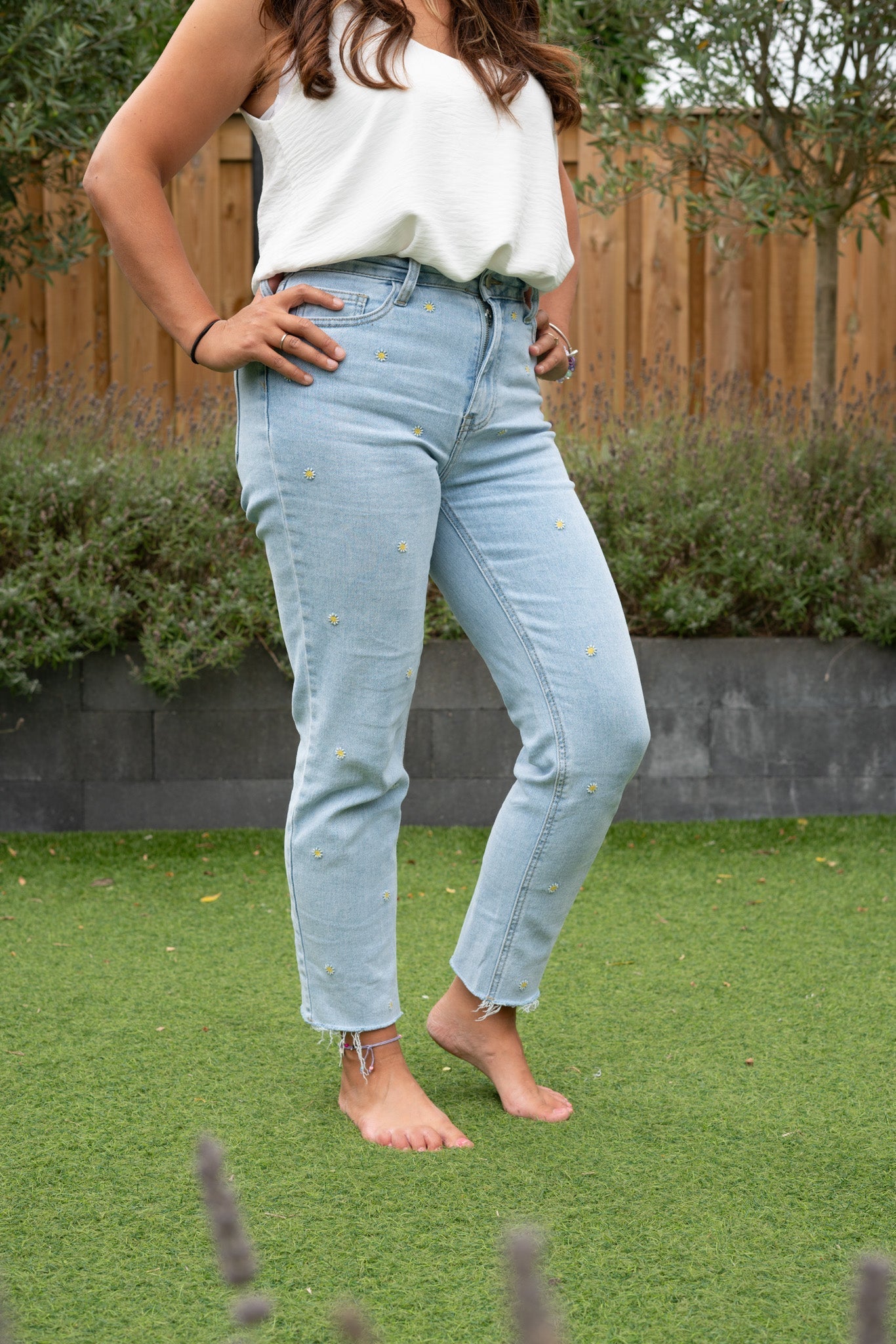 Jeans för Dam med Hög Midja, Stretch och Blommönster