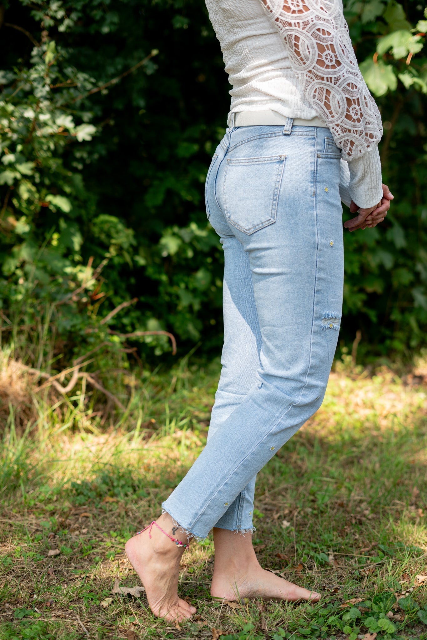 Jeans för Dam med Hög Midja, Stretch och Blommönster