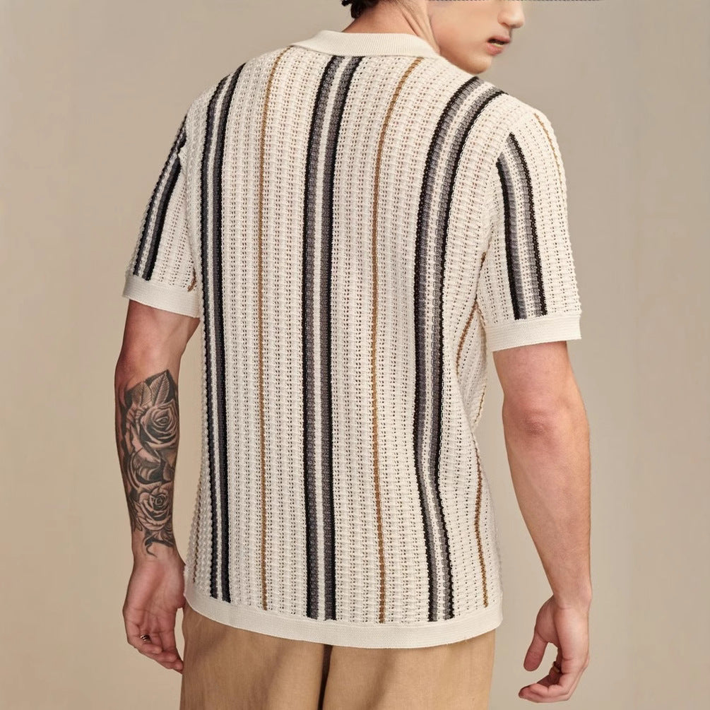 Herr Sommar Randig Ihålig Stickad Polo Kortärmad Kofta Brittisk Stil Topp