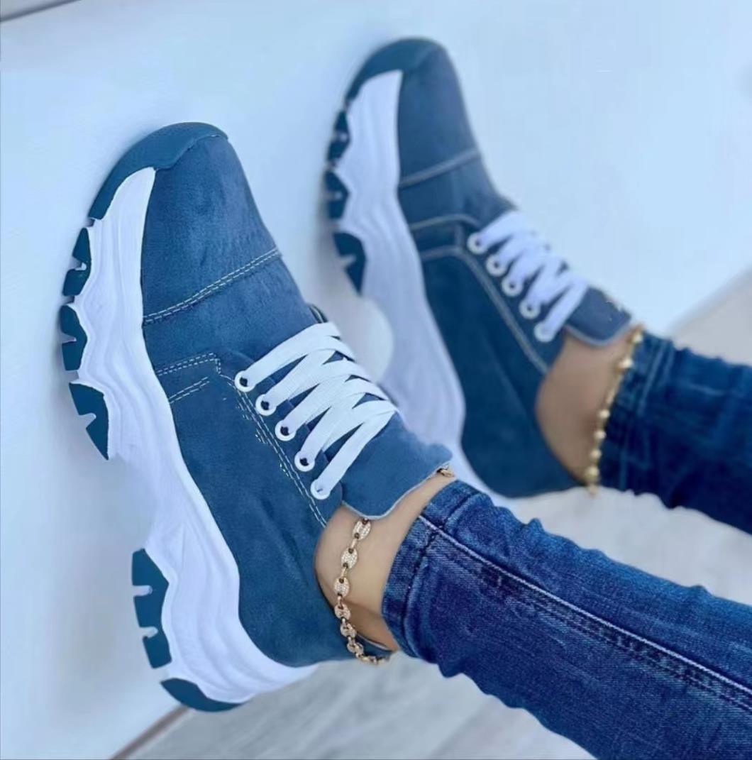 Dam Sommar Platå Sport Flats Sneakers Med Snörning Rund Tå Med Medelhög Klack