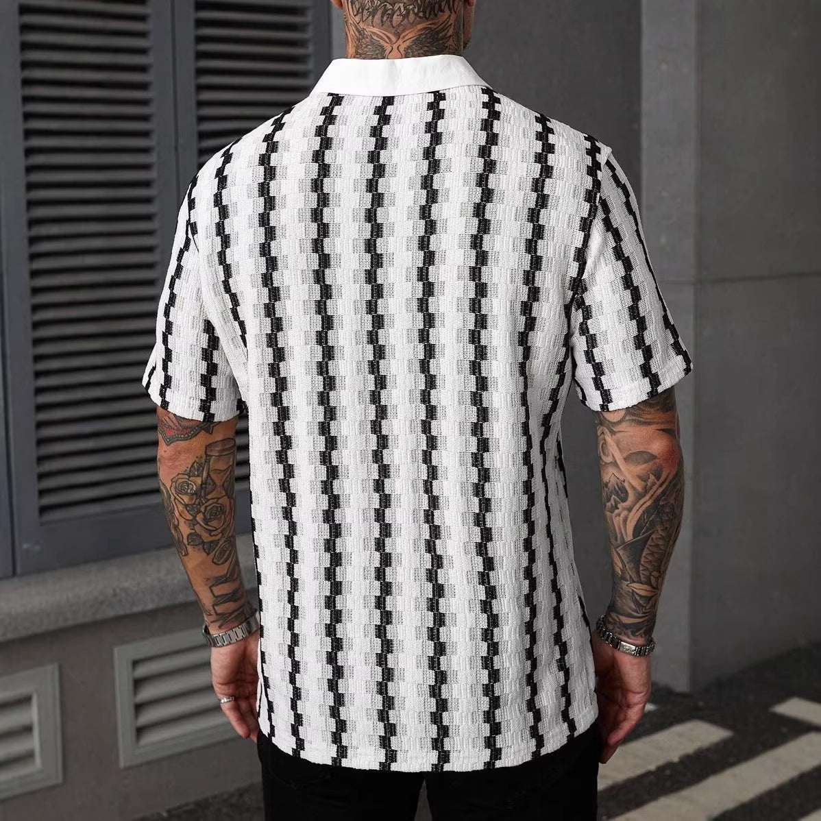 Herr Sommarrutig Stickad Kortärmad Kofta Slim Fit Patchwork Streetwear Topp