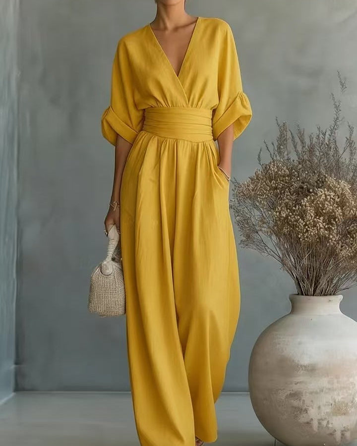 Damjumpsuit V-Ringad Hög Midja Full Längd Slim Fit