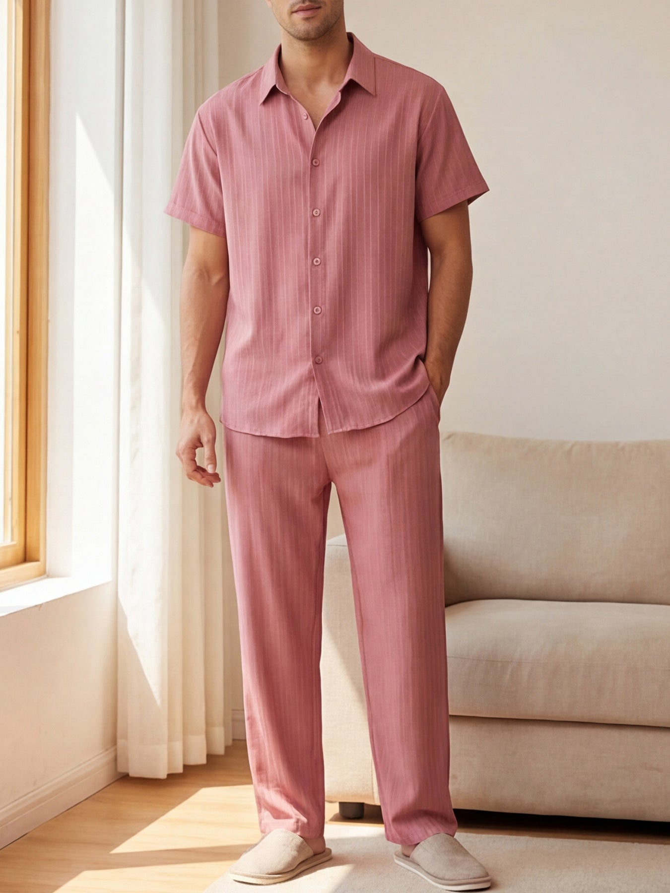 Herr Kortärmat Randigt Loungewear Set Långa Byxor Skjorta Med Knappar Lätt Tvådelad Outfit