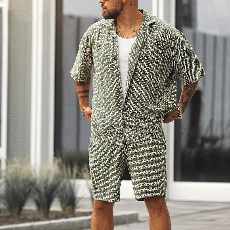Herrset med kortärmad skjorta och shorts, tvådelat set, grågrönt, polyesterfiber, lättviktigt vardagskläder