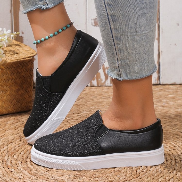 Rund Tå Med Paljettdetaljer För Kvinnor, Loafers Med Resårband Och Platt Gummisula