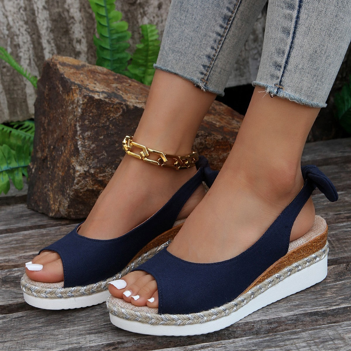 Dam Sommar Kilsandaler Slingback Rund Tå Gummisula Repdetalj