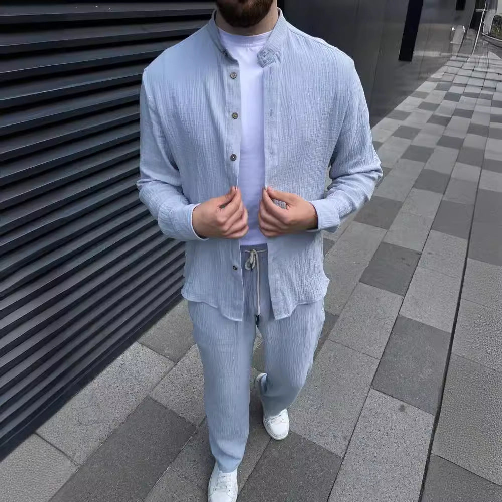 Herr Långärmad Tvådelat Set Skjorta Beskurna Byxor Enfärgad Färg Multifärgad Lättvikt Matchande Outfit