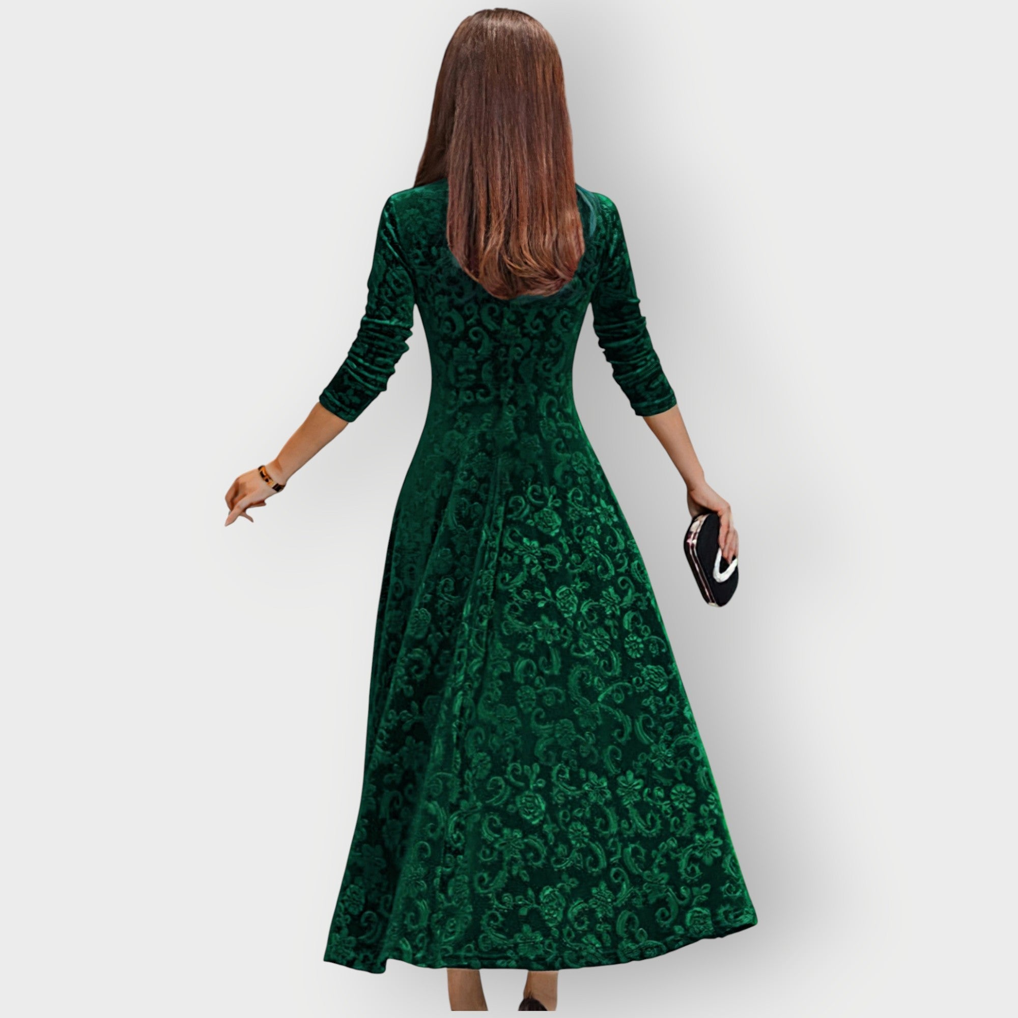Kvinnoklänning Jacquard Sammet Midi V-ringad Fit-and-Flare