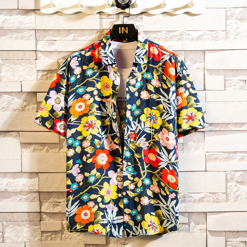 Herr Sommar Blommigt Mönster Kortärmad Skjorta Slagkrage Slim Fit Kofta Stil Multifärgad