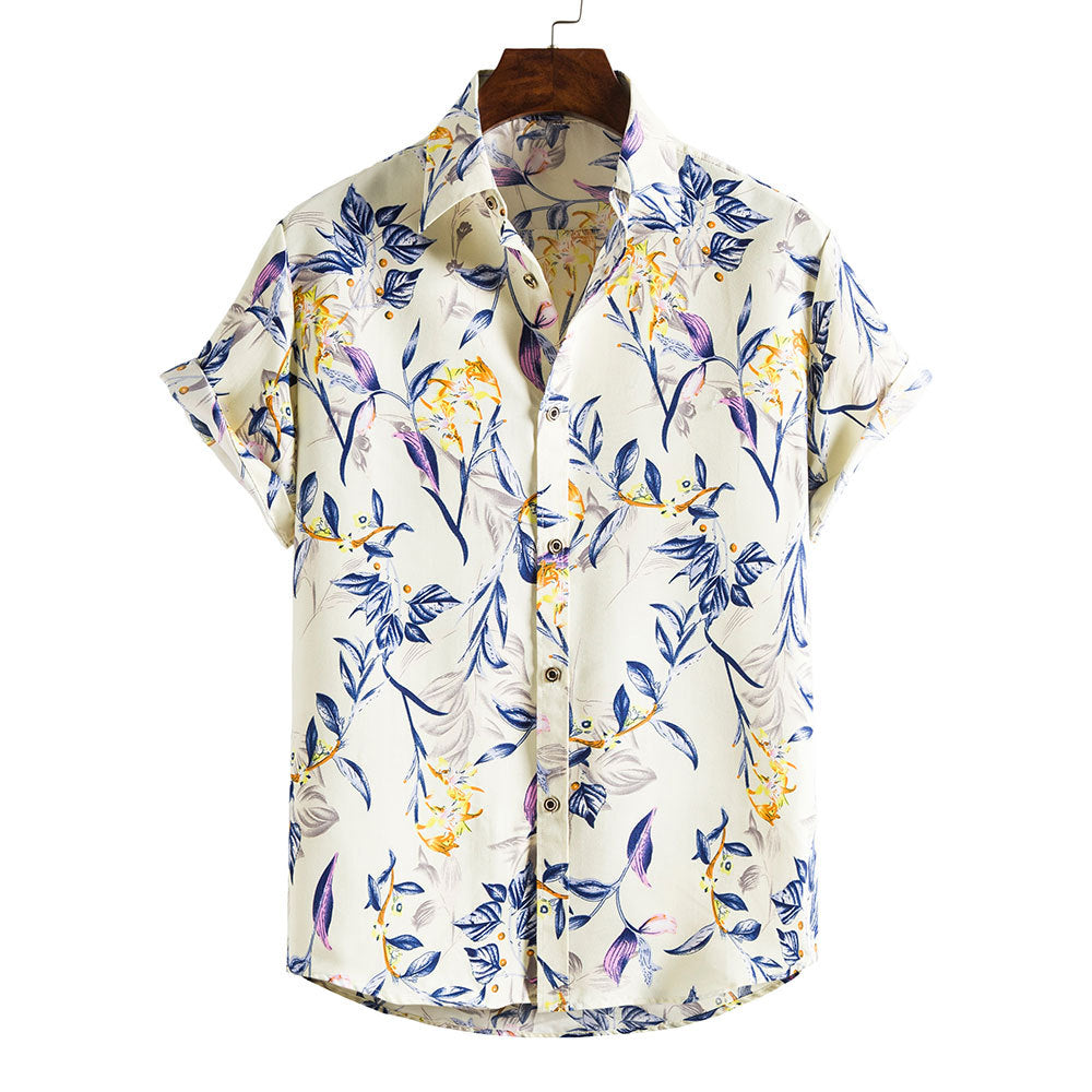 Herr Sommar Blommigt Mönster Kortärmad Skjorta Slagkrage Slim Fit Holiday Topp