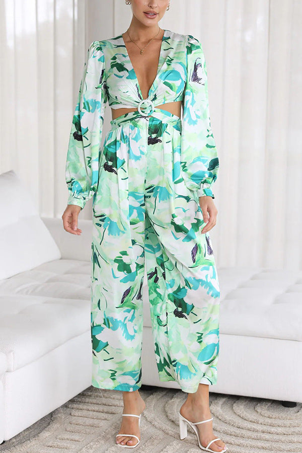 Jumpsuit För Kvinnor, Rygglös, Blommigt Tryck, Långärmad, Hög Midja, Raka Ben