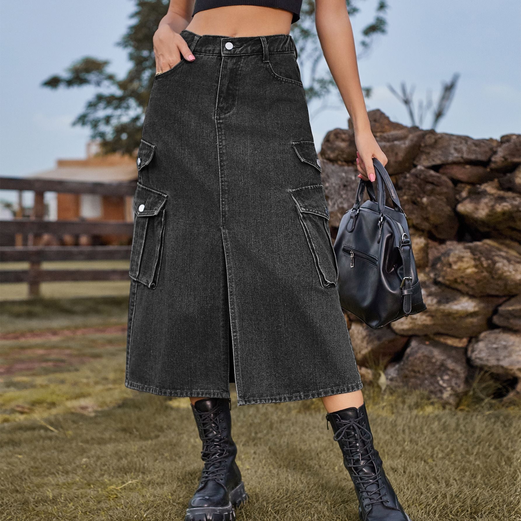 Kvinnors Denimblandade Cargokjol Med Flera Fickor Och Rak Design
