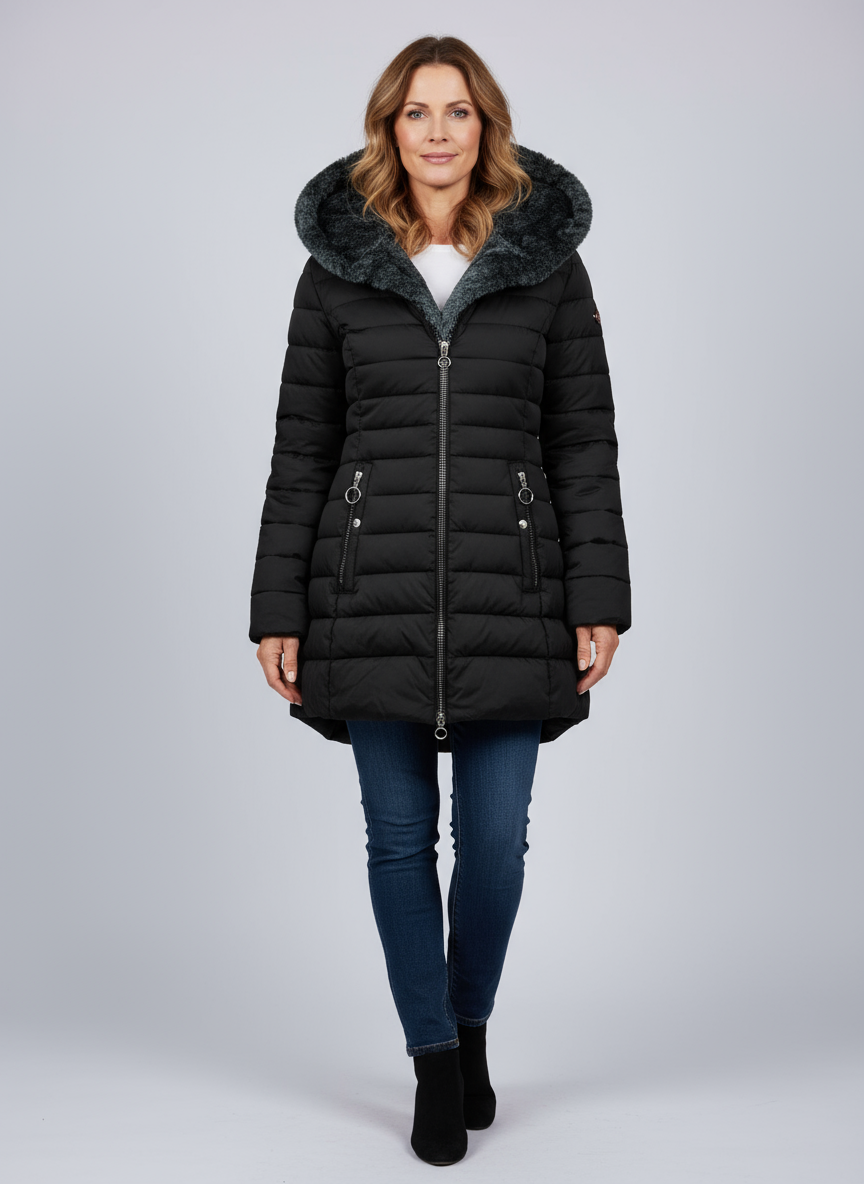 Kvinna Vinterjacka Med Mjuk Fodring Asymmetrisk Dragkedja Och Huva