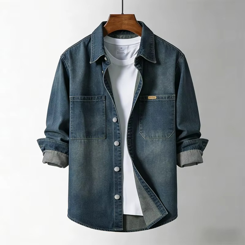 Herrskjorta Med Denimlook Och Knappar, Bröstfickor, Normal Passform
