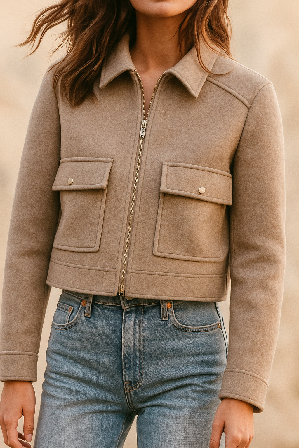 Damjacka med Dragkedja, Kort Passform och Fickor