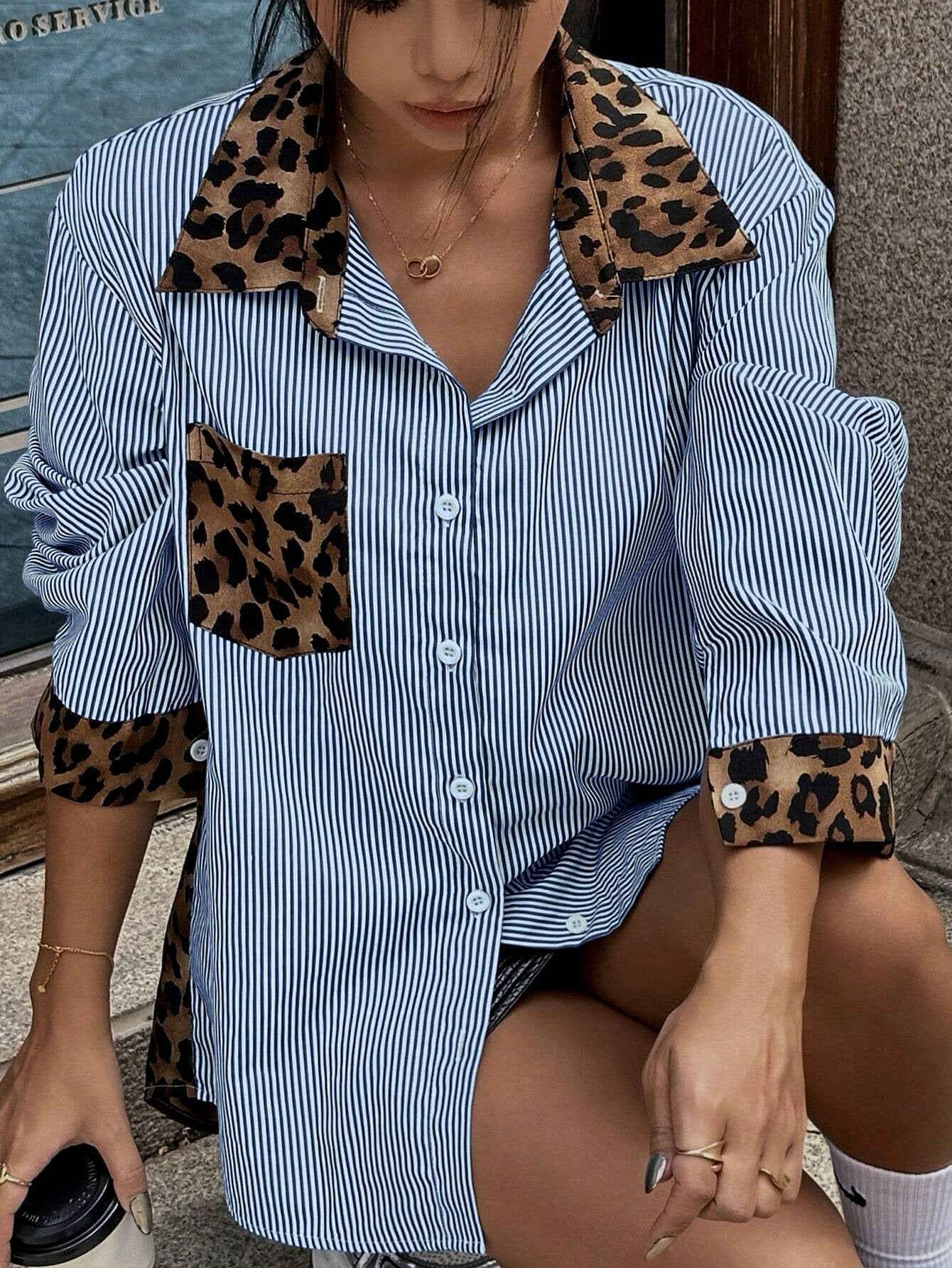 Kvinnor Långärmad Knäppskjorta Leopard Och Randigt Patchwork Slagkrage Topp