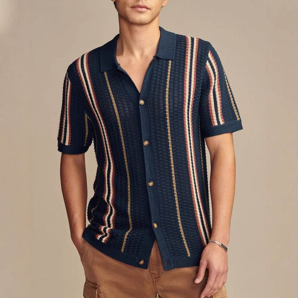 Herr Sommar Randig Ihålig Stickad Polo Kortärmad Kofta Brittisk Stil Topp