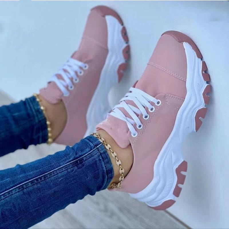 Dam Sommar Platå Sport Flats Sneakers Med Snörning Rund Tå Med Medelhög Klack