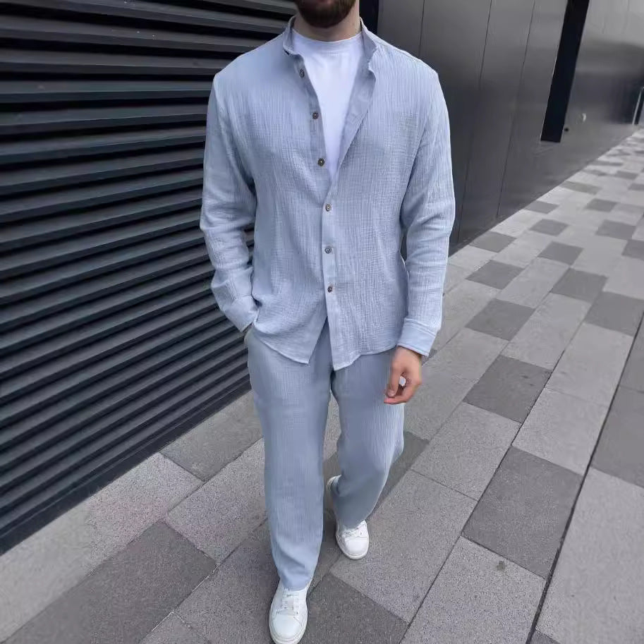 Herr Långärmad Tvådelat Set Skjorta Beskurna Byxor Enfärgad Färg Multifärgad Lättvikt Matchande Outfit