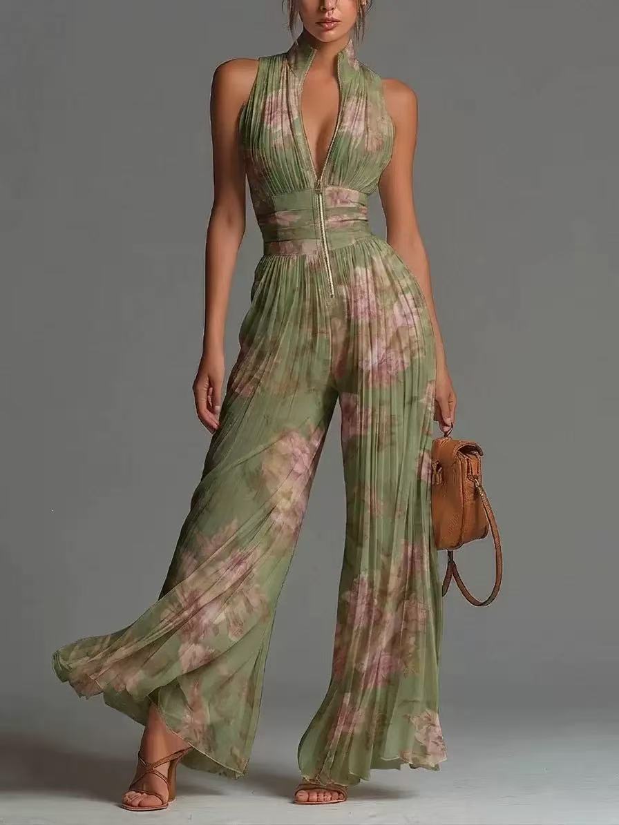 V-Ringad Halterneckjumpsuit Med Vida Ben För Kvinnor