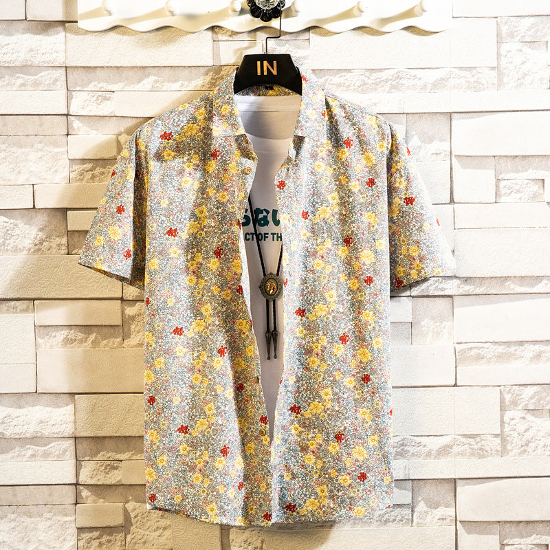 Herr Sommar Blommigt Mönster Kortärmad Skjorta Slagkrage Slim Fit Kofta Stil Multifärgad