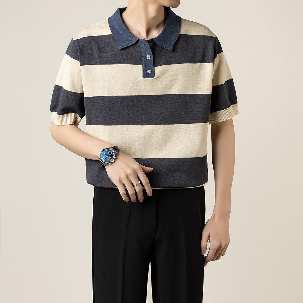 Herr Sommar Randig Kortärmad Stickad Polotröja Slim Fit Lätt Topp