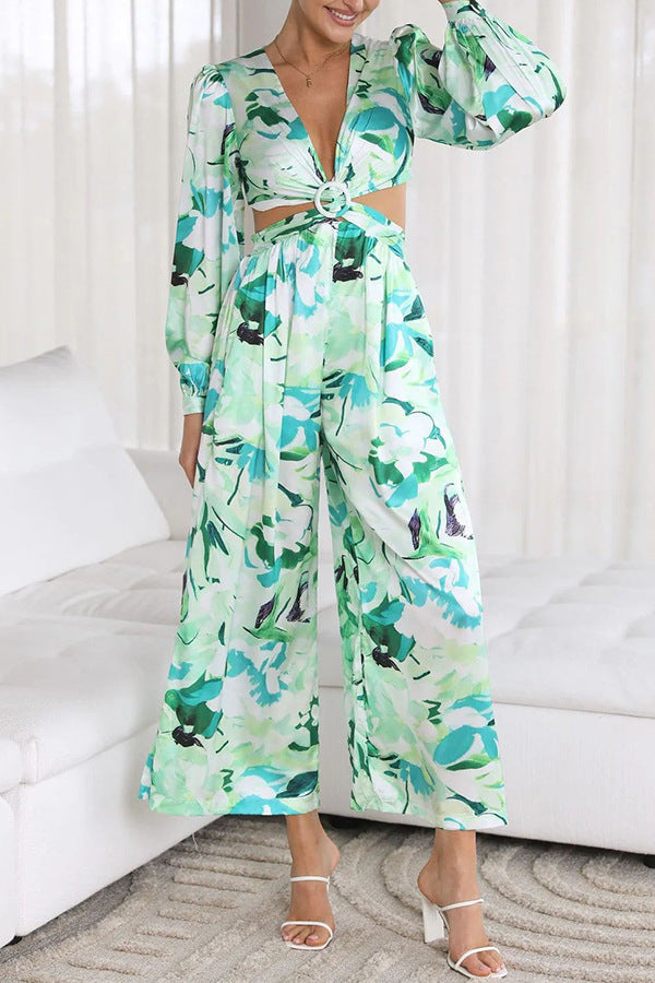 Jumpsuit För Kvinnor, Rygglös, Blommigt Tryck, Långärmad, Hög Midja, Raka Ben