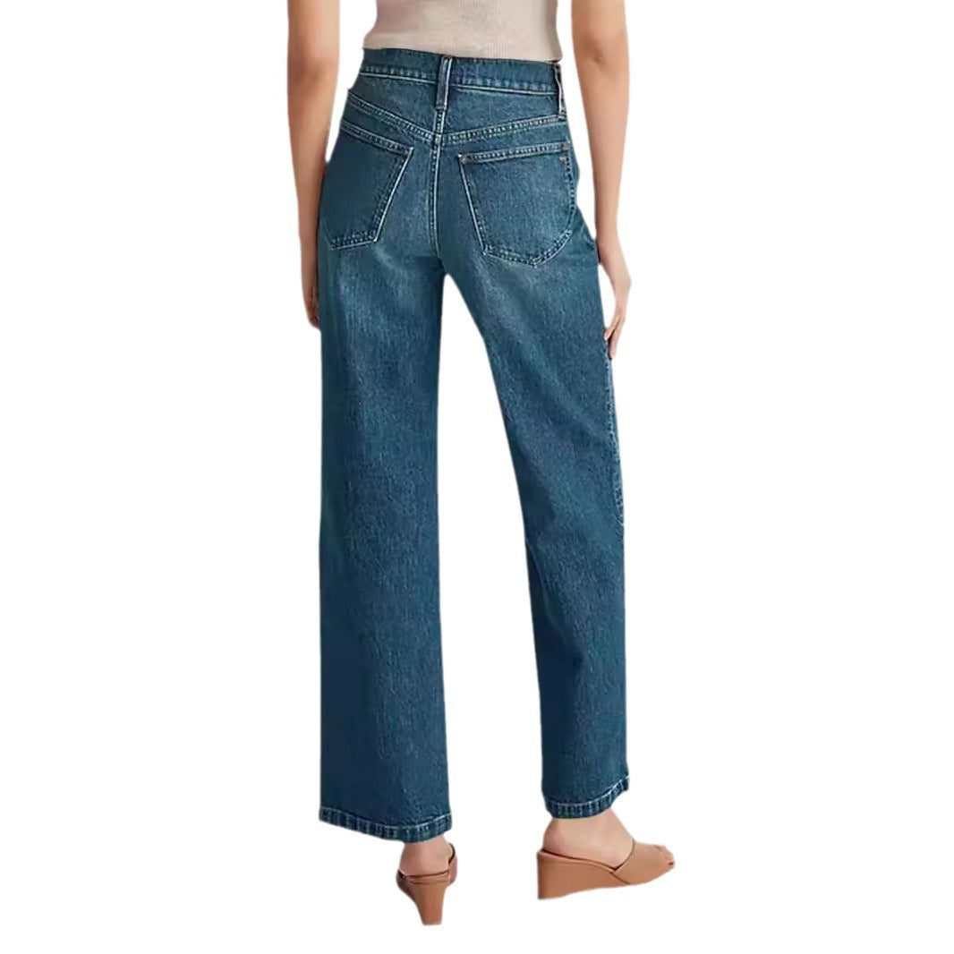 Damjeans Med Hög Midja Och Vida Ben, Sliten Design Med Fyrkantiga Fickor