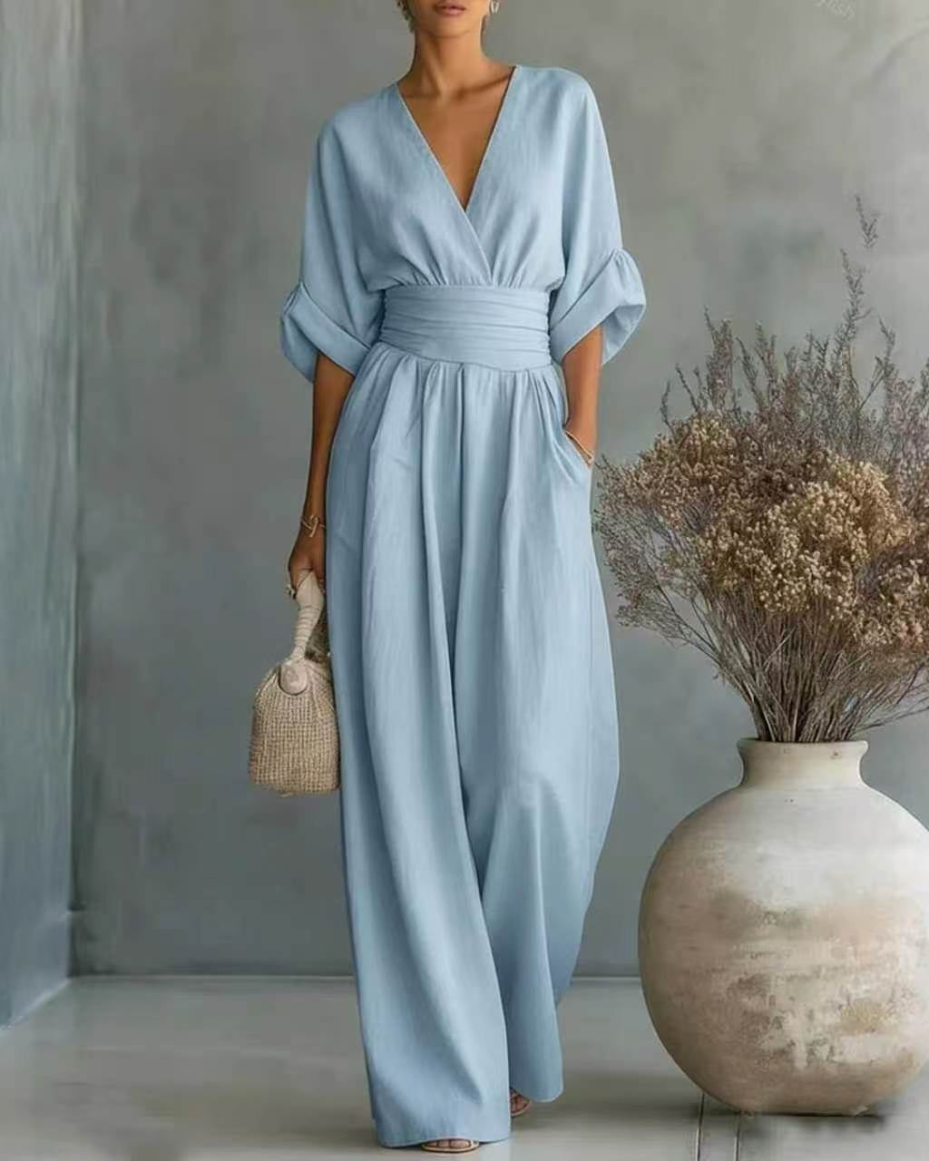 Damjumpsuit V-Ringad Hög Midja Full Längd Slim Fit