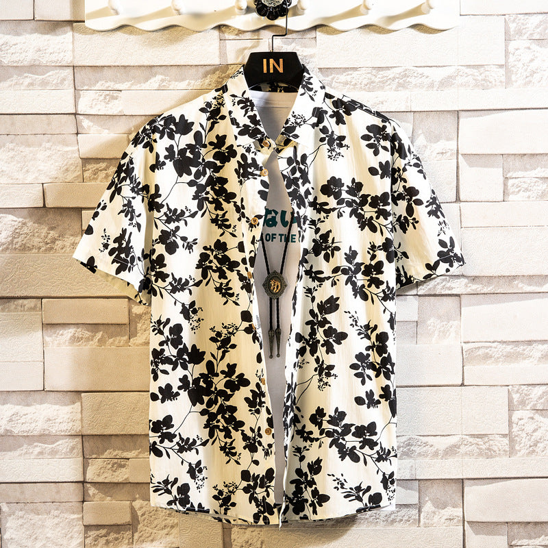 Herr Sommar Blommigt Mönster Kortärmad Skjorta Slagkrage Slim Fit Kofta Stil Multifärgad