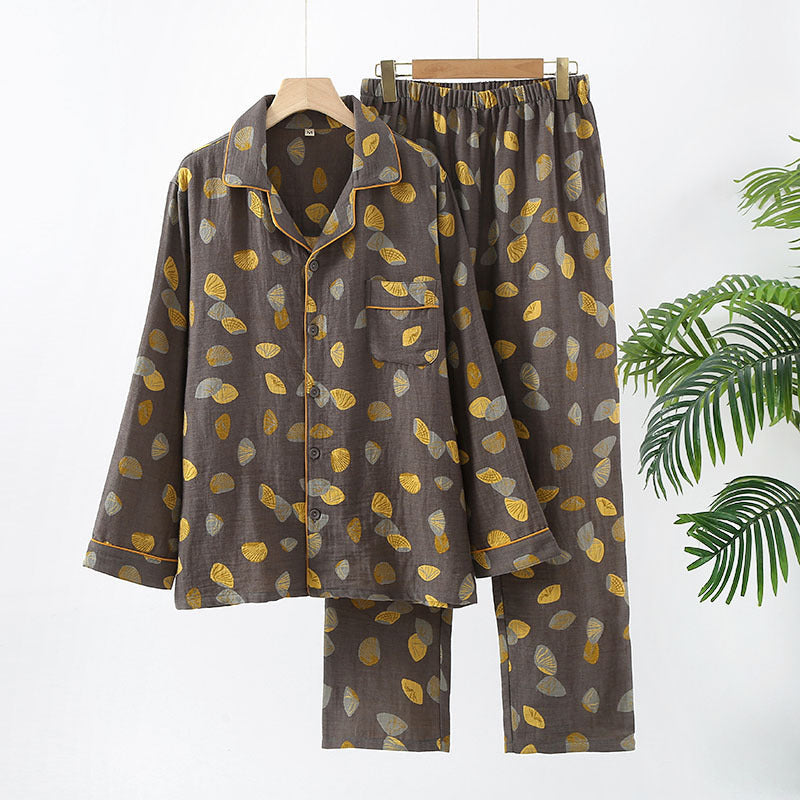 Herr Fyra Säsonger Tvådelat Pyjamasset Långärmade Byxor Garnfärgad Gasbinda Jacquard Dubbelskiktad Transparent Matchande Outfit Lätt
