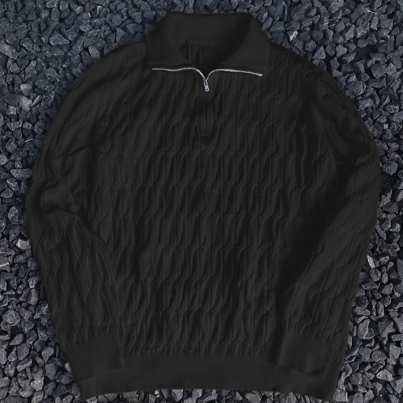 Herr Stickad Pullover med Rund Hals och Halv Dragkedja