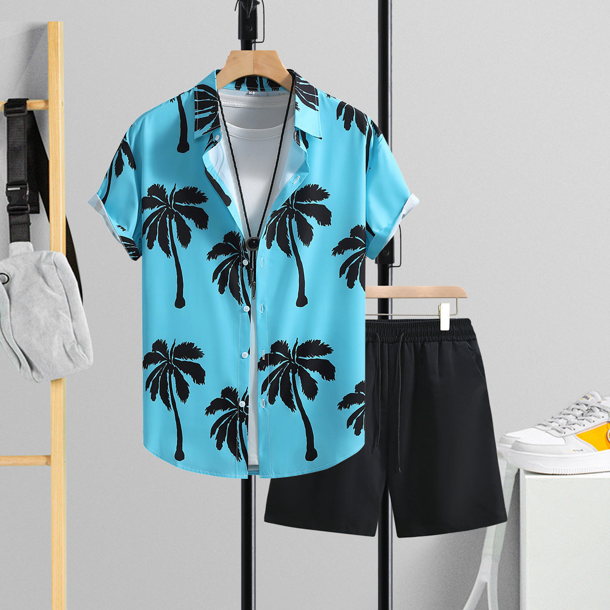 Sommarset med kortärmad skjorta och byxor för män, avslappnad tvådelad kostym, enfärgad och lättviktig outfit