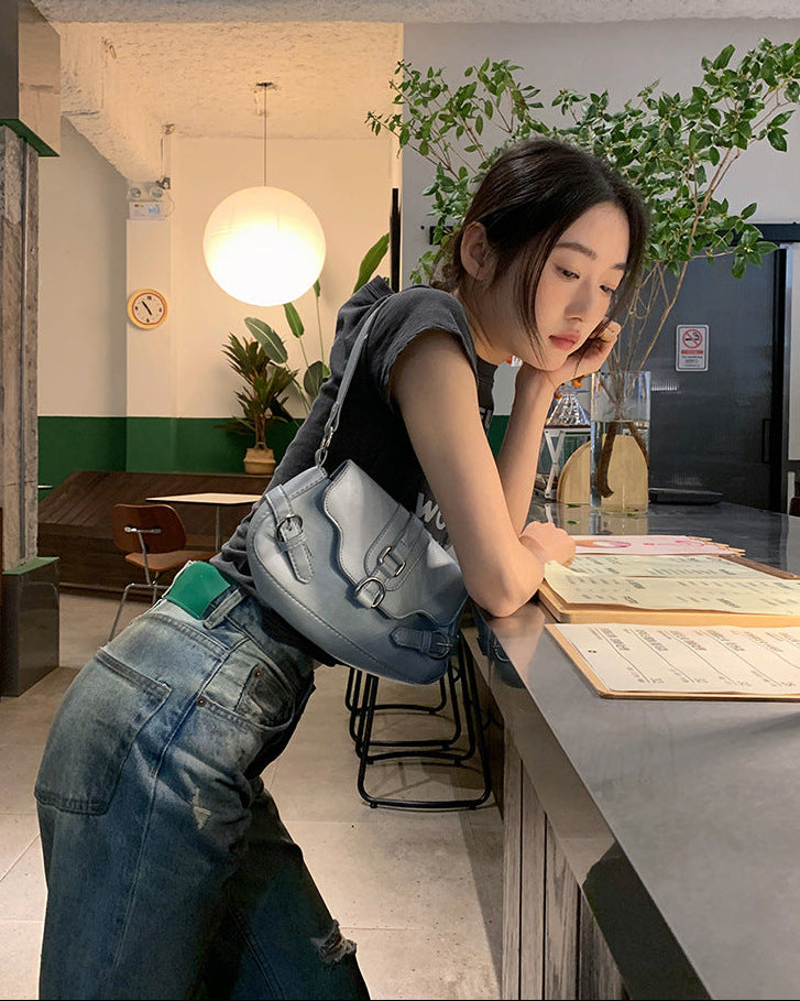 Retro Raka Jeans Med Sliten Denimblandning För Kvinnor