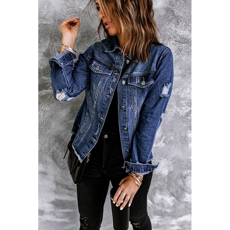 Dam Höstjacka I Denimblandning Med Knappar Framtill Och Långa Ärmar